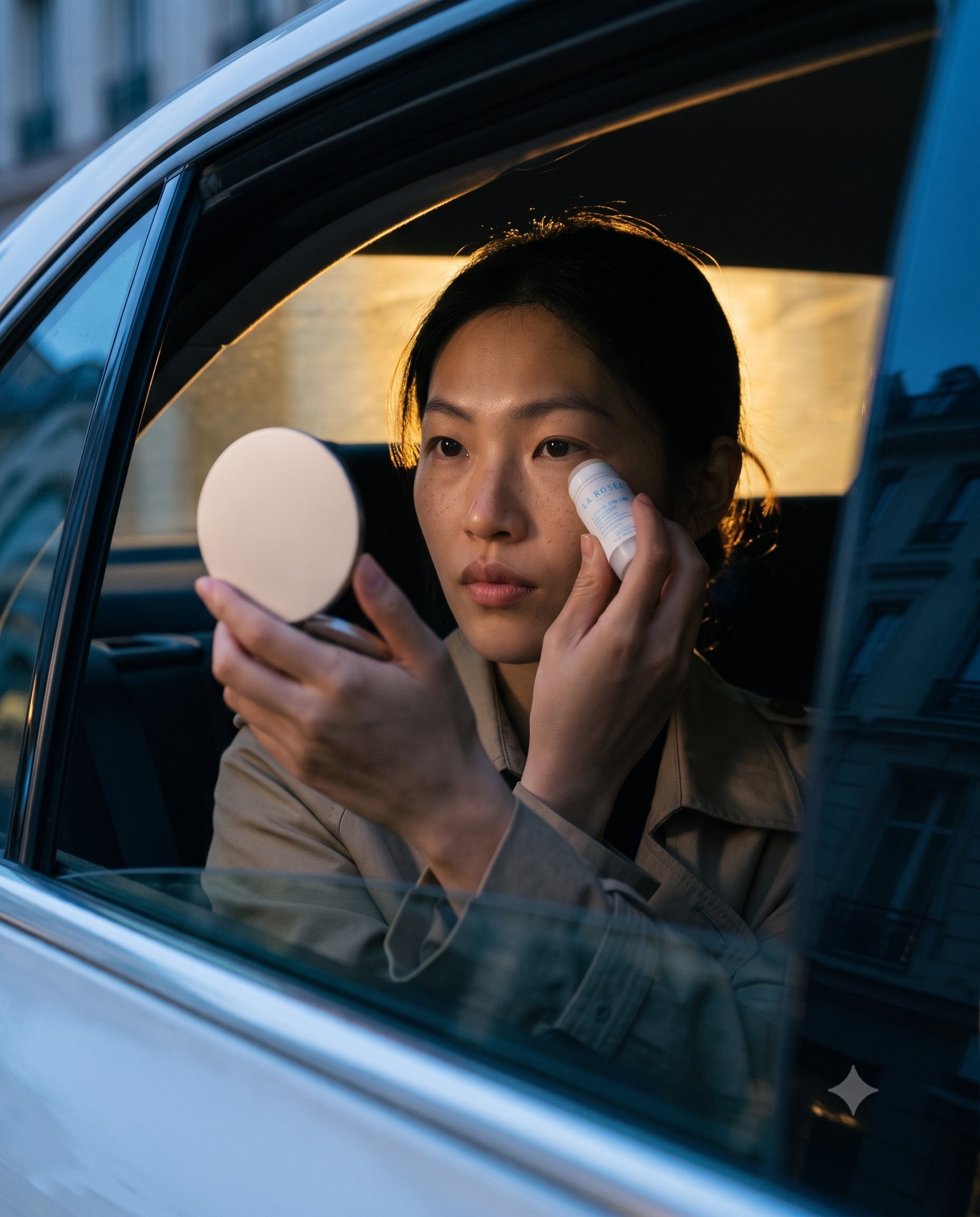 Woman applying product using a car mirror